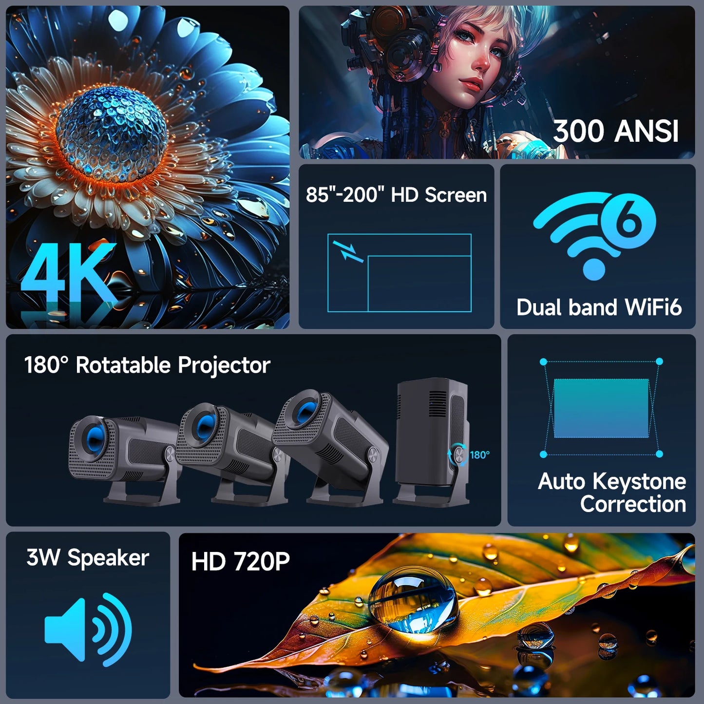Mini Projector 4K 180° Rotable